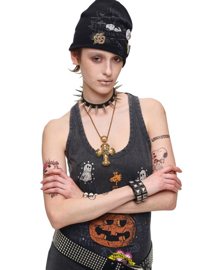 1JINN STUDIO × Snoopy Co-Branded American Vintage Cotton Large Print Washed Rhinestone Vest Dress【s0000017821】