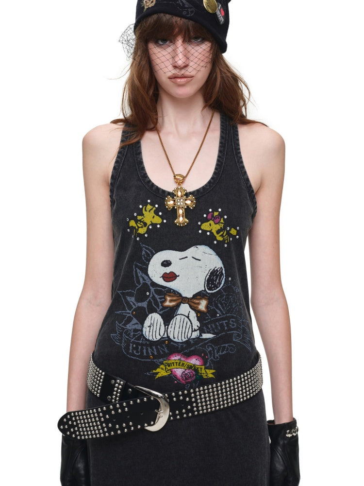 1JINN STUDIO × Snoopy Co-Branded American Vintage Cotton Large Print Washed Rhinestone Vest Dress【s0000017821】