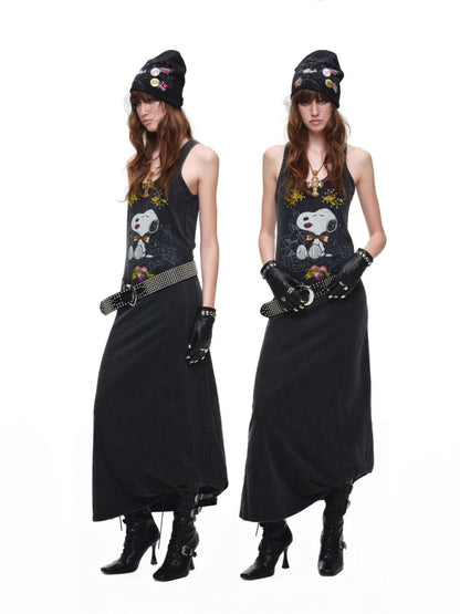 1JINN STUDIO × Snoopy Co-Branded American Vintage Cotton Large Print Washed Rhinestone Vest Dress【s0000017821】