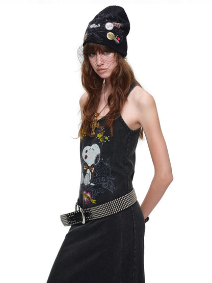 1JINN STUDIO × Snoopy Co-Branded American Vintage Cotton Large Print Washed Rhinestone Vest Dress【s0000017821】