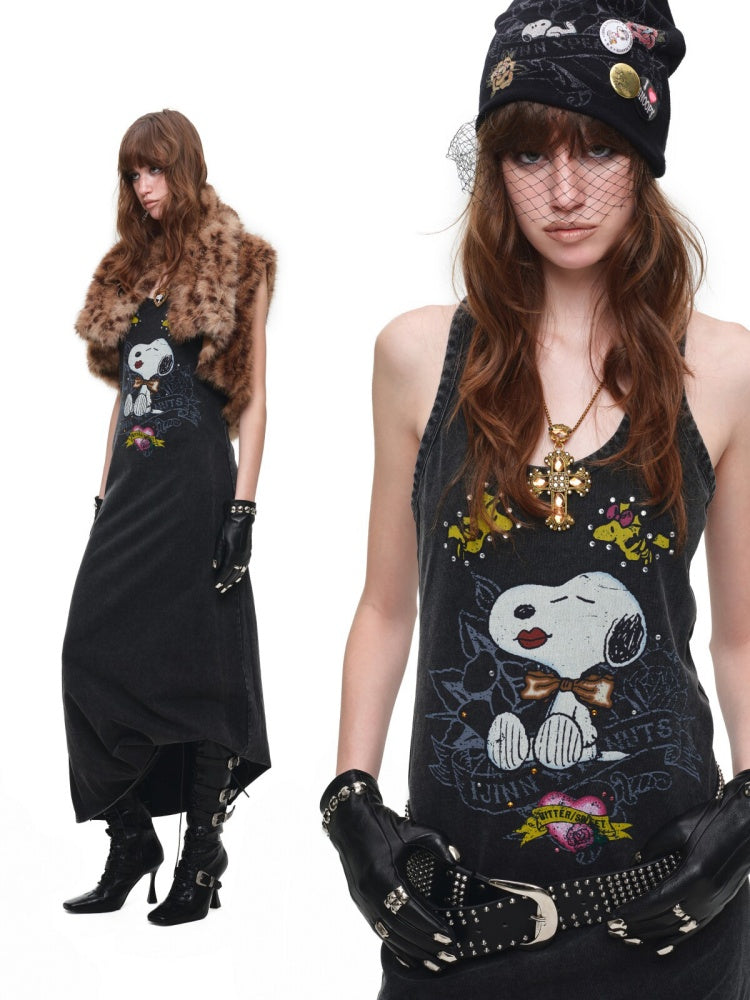 1JINN STUDIO × Snoopy Co-Branded American Vintage Cotton Large Print Washed Rhinestone Vest Dress【s0000017821】