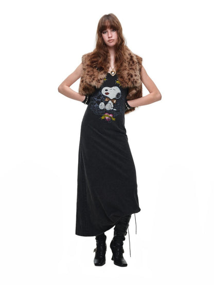 1JINN STUDIO × Snoopy Co-Branded American Vintage Cotton Large Print Washed Rhinestone Vest Dress【s0000017821】