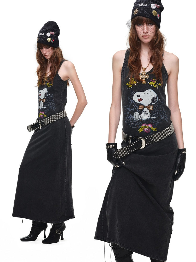 1JINN STUDIO × Snoopy Co-Branded American Vintage Cotton Large Print Washed Rhinestone Vest Dress【s0000017821】