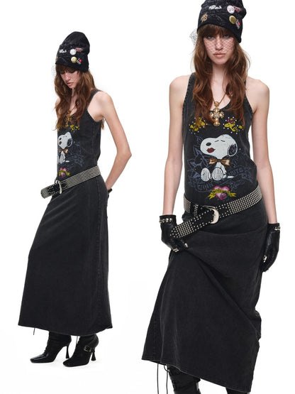 1JINN STUDIO × Snoopy Co-Branded American Vintage Cotton Large Print Washed Rhinestone Vest Dress【s0000017821】