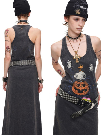 1JINN STUDIO × Snoopy Co-Branded American Vintage Cotton Large Print Washed Rhinestone Vest Dress【s0000017821】