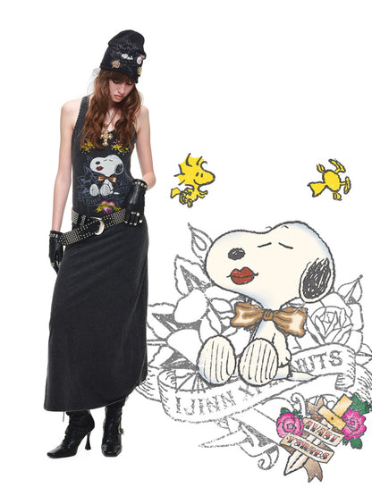1JINN STUDIO × Snoopy Co-Branded American Vintage Cotton Large Print Washed Rhinestone Vest Dress【s0000017821】