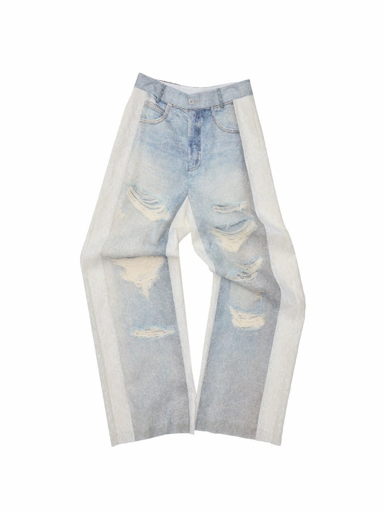 Washed Denim Ripped Direct Print Lace Mid-Rise Straight-Leg Floor Length Slimming Casual Pants【s0000017822】