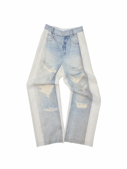 Washed Denim Ripped Direct Print Lace Mid-Rise Straight-Leg Floor Length Slimming Casual Pants【s0000017822】