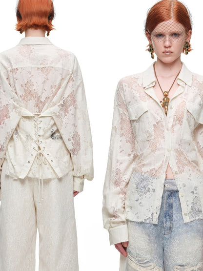 Washed Denim Ripped Direct Print Lace Mid-Rise Straight-Leg Floor Length Slimming Casual Pants【s0000017822】