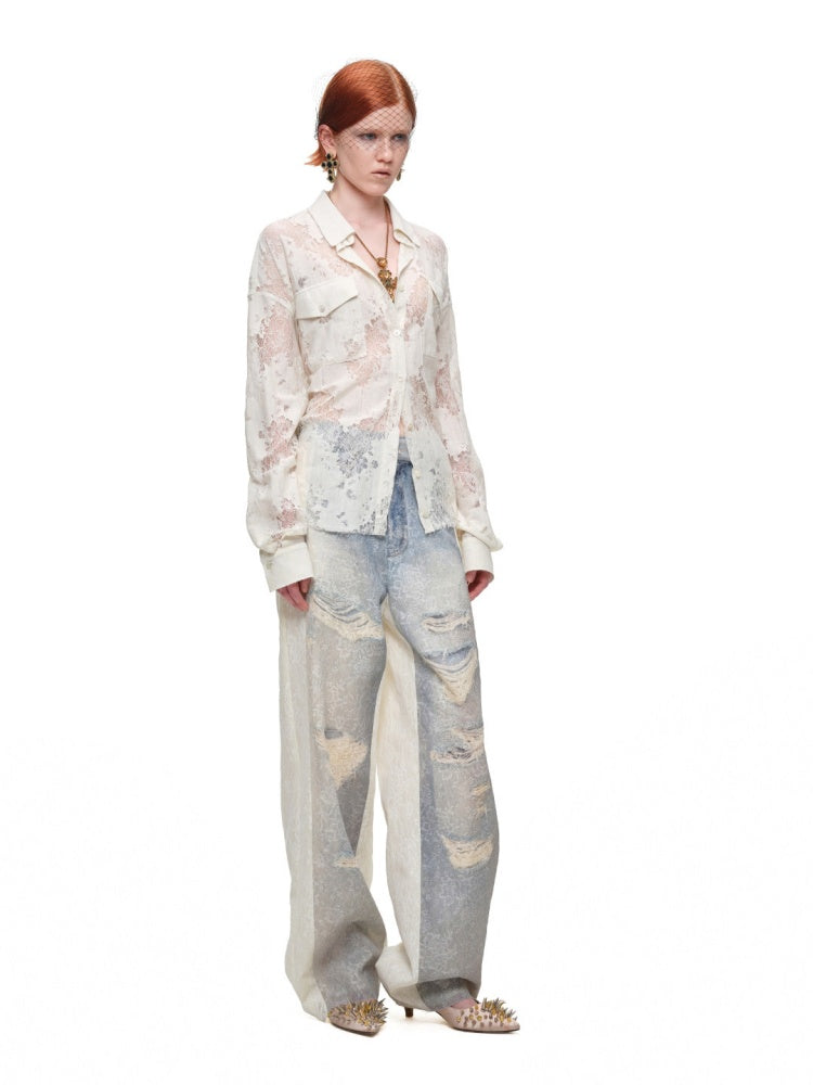 Washed Denim Ripped Direct Print Lace Mid-Rise Straight-Leg Floor Length Slimming Casual Pants【s0000017822】