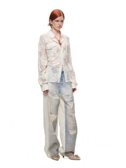 Washed Denim Ripped Direct Print Lace Mid-Rise Straight-Leg Floor Length Slimming Casual Pants【s0000017822】