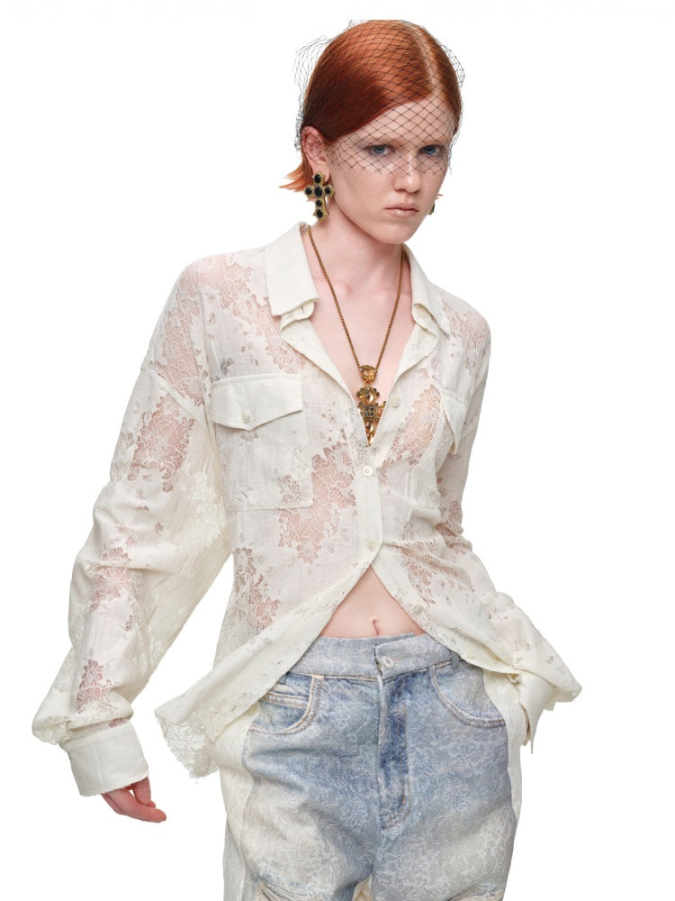 Washed Denim Ripped Direct Print Lace Mid-Rise Straight-Leg Floor Length Slimming Casual Pants【s0000017822】