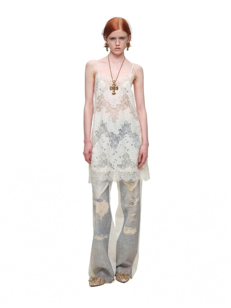 Washed Denim Ripped Direct Print Lace Mid-Rise Straight-Leg Floor Length Slimming Casual Pants【s0000017822】