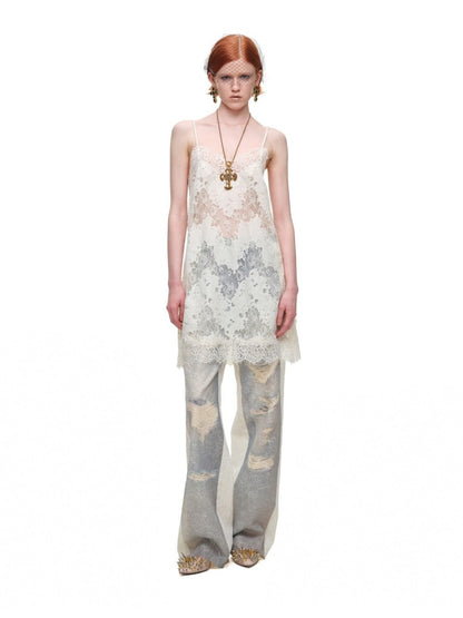 Washed Denim Ripped Direct Print Lace Mid-Rise Straight-Leg Floor Length Slimming Casual Pants【s0000017822】