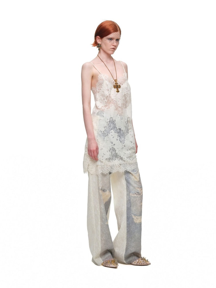Washed Denim Ripped Direct Print Lace Mid-Rise Straight-Leg Floor Length Slimming Casual Pants【s0000017822】