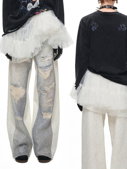 Washed Denim Ripped Direct Print Lace Mid-Rise Straight-Leg Floor Length Slimming Casual Pants【s0000017822】