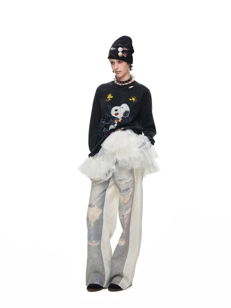 Washed Denim Ripped Direct Print Lace Mid-Rise Straight-Leg Floor Length Slimming Casual Pants【s0000017822】