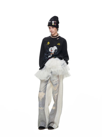 Washed Denim Ripped Direct Print Lace Mid-Rise Straight-Leg Floor Length Slimming Casual Pants【s0000017822】