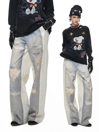 Washed Denim Ripped Direct Print Lace Mid-Rise Straight-Leg Floor Length Slimming Casual Pants【s0000017822】