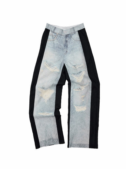 Washed Denim Ripped Direct Print Lace Mid-Rise Straight-Leg Floor Length Slimming Casual Pants【s0000017822】
