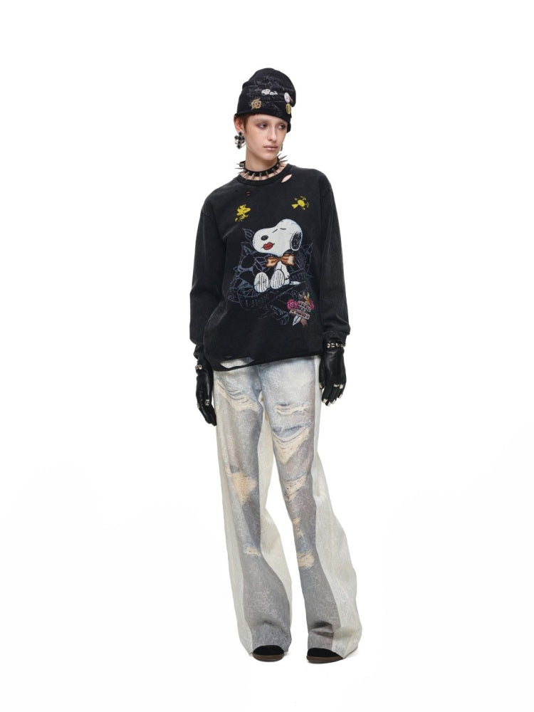 Washed Denim Ripped Direct Print Lace Mid-Rise Straight-Leg Floor Length Slimming Casual Pants【s0000017822】