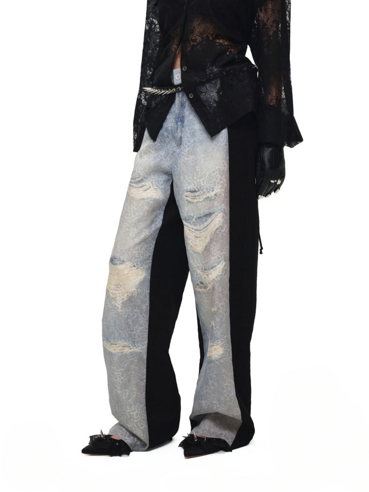 Washed Denim Ripped Direct Print Lace Mid-Rise Straight-Leg Floor Length Slimming Casual Pants【s0000017822】