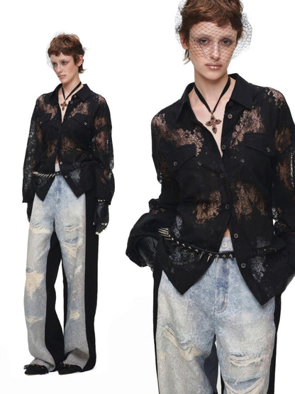 Washed Denim Ripped Direct Print Lace Mid-Rise Straight-Leg Floor Length Slimming Casual Pants【s0000017822】