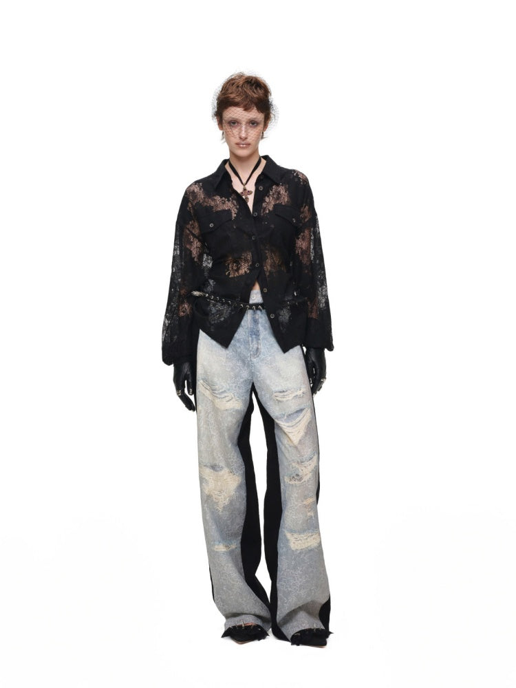 Washed Denim Ripped Direct Print Lace Mid-Rise Straight-Leg Floor Length Slimming Casual Pants【s0000017822】
