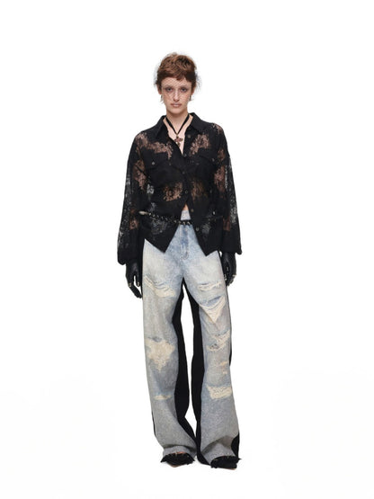 Washed Denim Ripped Direct Print Lace Mid-Rise Straight-Leg Floor Length Slimming Casual Pants【s0000017822】