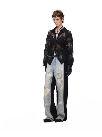 Washed Denim Ripped Direct Print Lace Mid-Rise Straight-Leg Floor Length Slimming Casual Pants【s0000017822】