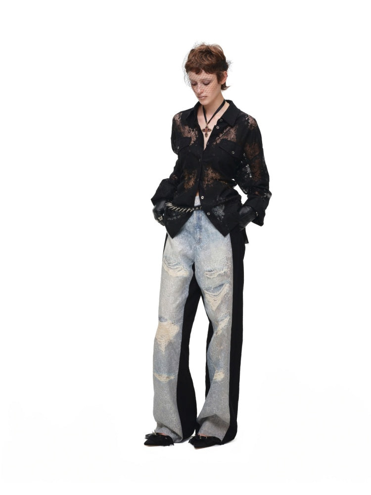 Washed Denim Ripped Direct Print Lace Mid-Rise Straight-Leg Floor Length Slimming Casual Pants【s0000017822】