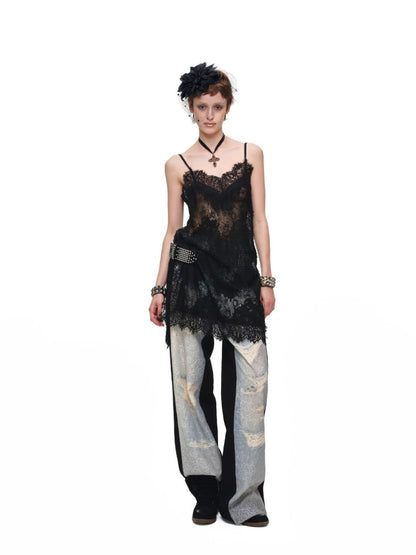 Washed Denim Ripped Direct Print Lace Mid-Rise Straight-Leg Floor Length Slimming Casual Pants【s0000017822】