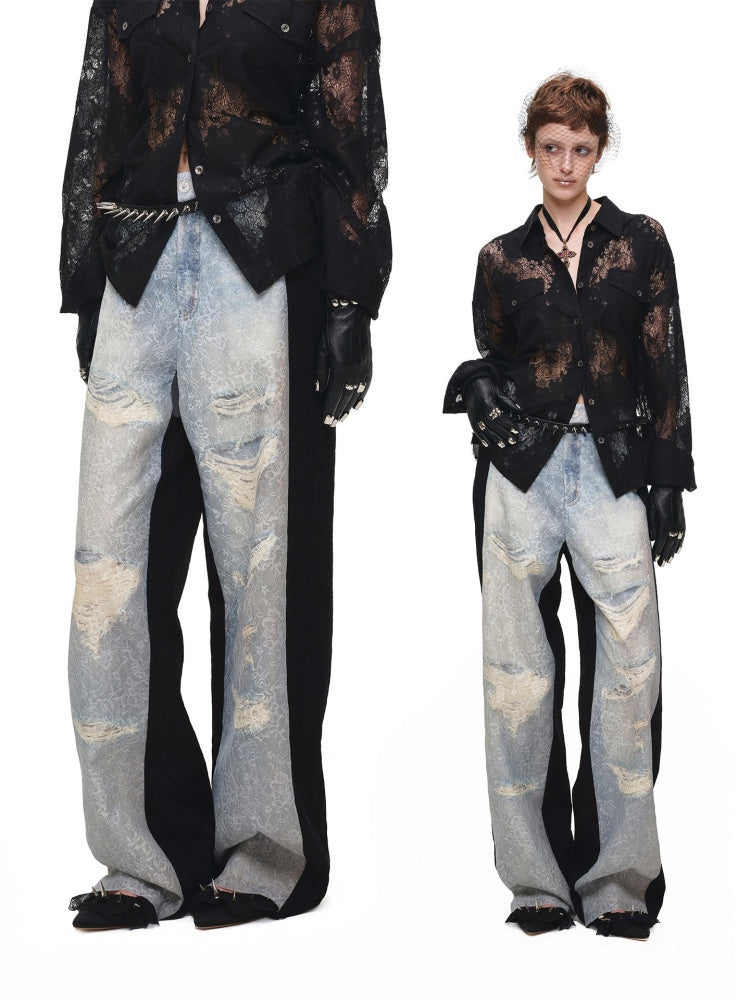 Washed Denim Ripped Direct Print Lace Mid-Rise Straight-Leg Floor Length Slimming Casual Pants【s0000017822】