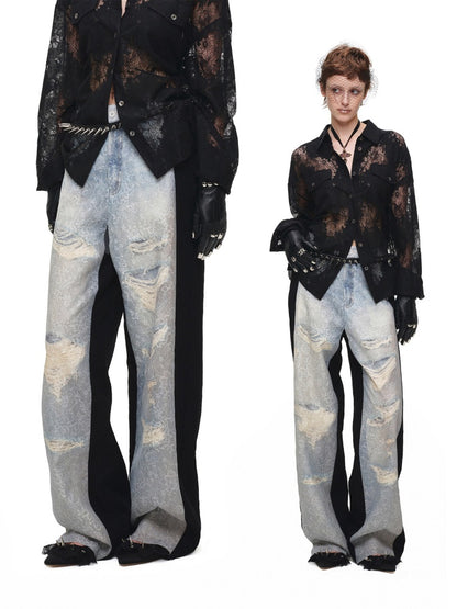 Washed Denim Ripped Direct Print Lace Mid-Rise Straight-Leg Floor Length Slimming Casual Pants【s0000017822】