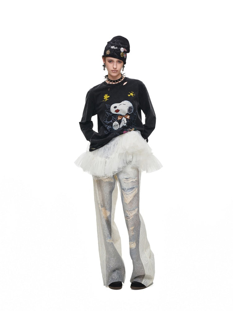 Washed Denim Ripped Direct Print Lace Mid-Rise Straight-Leg Floor Length Slimming Casual Pants【s0000017822】