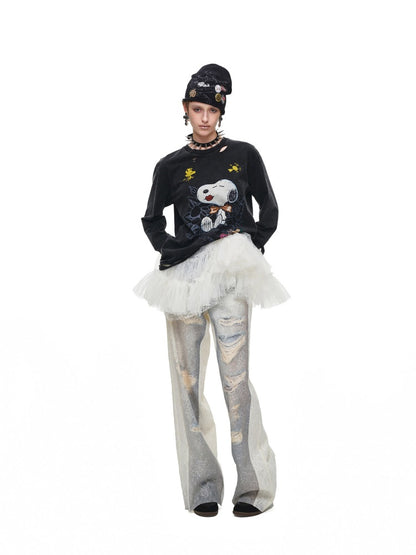 Washed Denim Ripped Direct Print Lace Mid-Rise Straight-Leg Floor Length Slimming Casual Pants【s0000017822】
