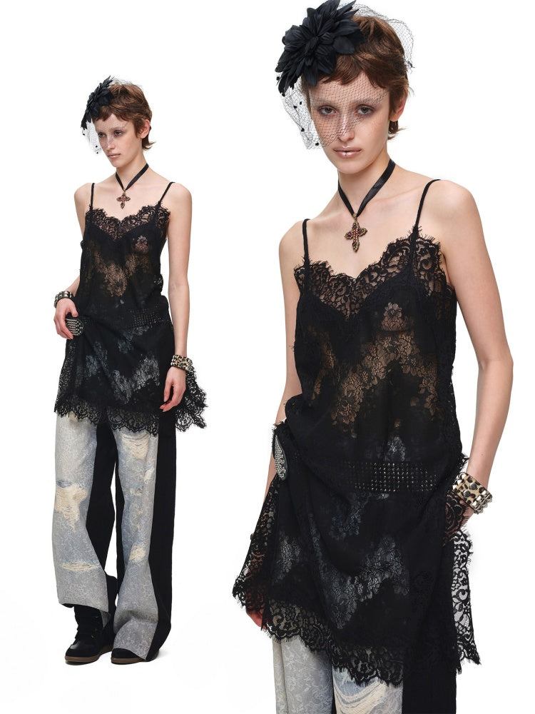 Washed Denim Ripped Direct Print Lace Mid-Rise Straight-Leg Floor Length Slimming Casual Pants【s0000017822】