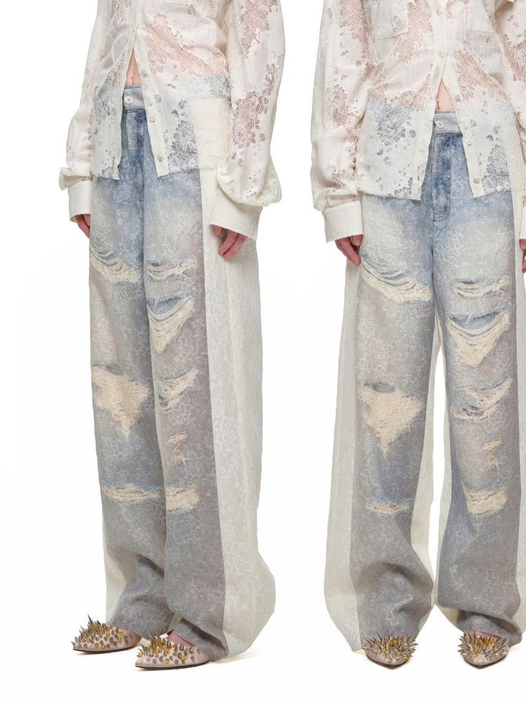 Washed Denim Ripped Direct Print Lace Mid-Rise Straight-Leg Floor Length Slimming Casual Pants【s0000017822】