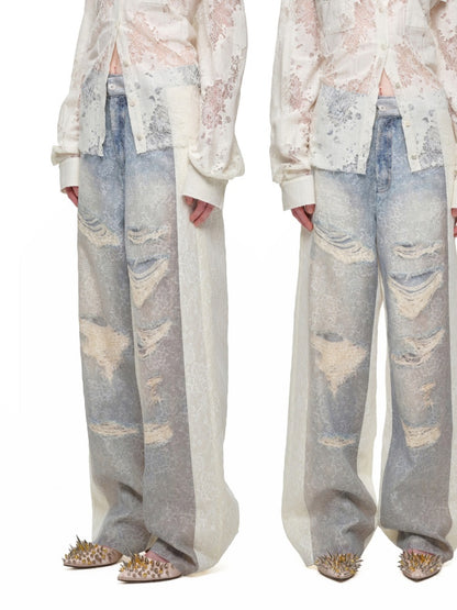 Washed Denim Ripped Direct Print Lace Mid-Rise Straight-Leg Floor Length Slimming Casual Pants【s0000017822】