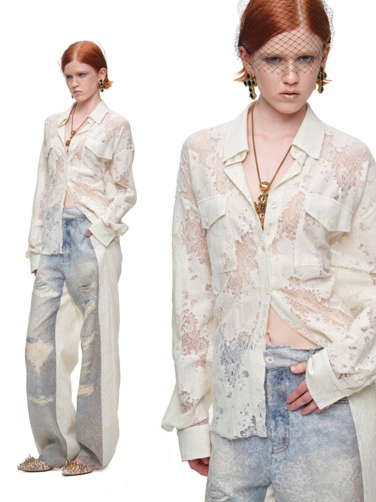 Washed Denim Ripped Direct Print Lace Mid-Rise Straight-Leg Floor Length Slimming Casual Pants【s0000017822】