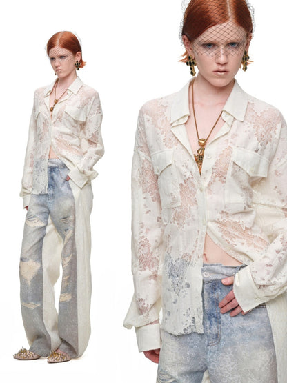 Washed Denim Ripped Direct Print Lace Mid-Rise Straight-Leg Floor Length Slimming Casual Pants【s0000017822】