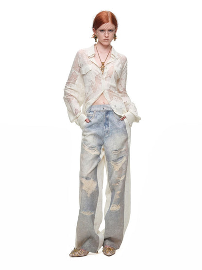 Washed Denim Ripped Direct Print Lace Mid-Rise Straight-Leg Floor Length Slimming Casual Pants【s0000017822】