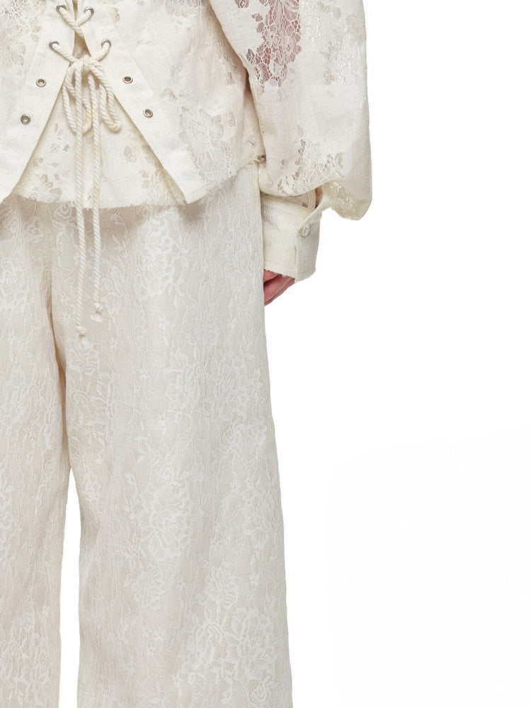 Washed Denim Ripped Direct Print Lace Mid-Rise Straight-Leg Floor Length Slimming Casual Pants【s0000017822】