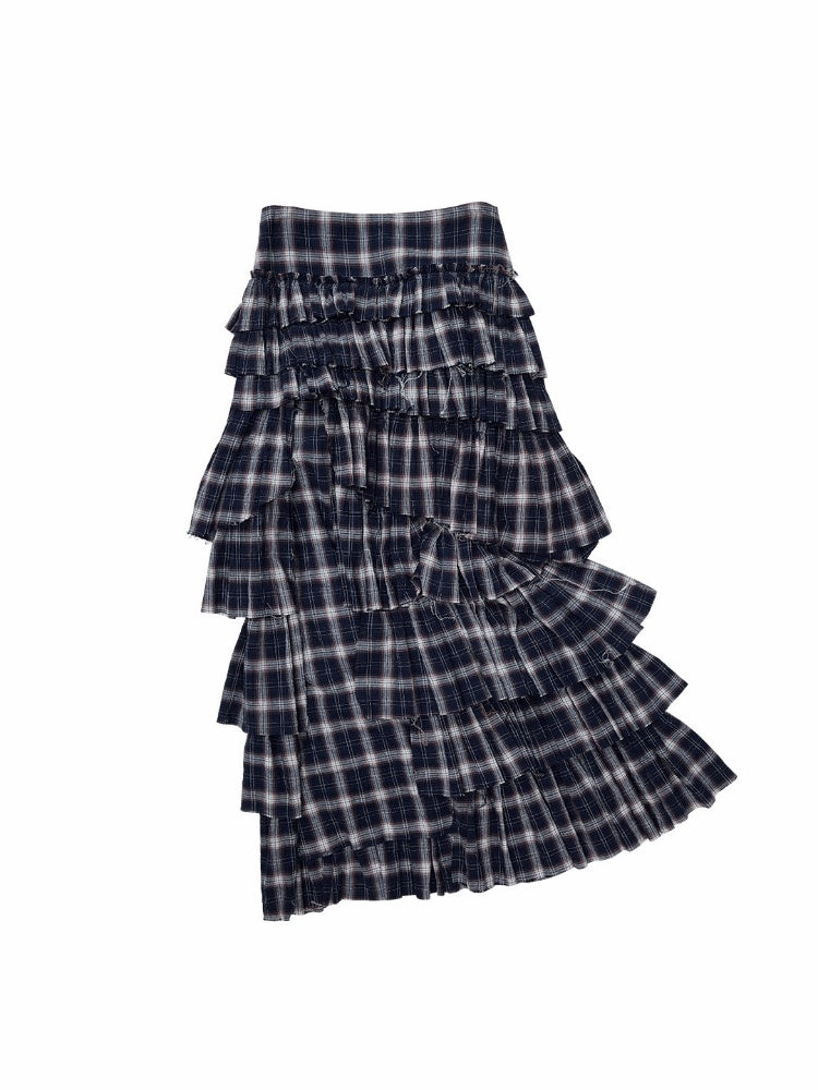 Irregular Deconstructed Multi-Layer Patchwork Plaid Slit Midi A-Line Long Cake Skirt【s0000017825】