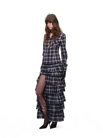 Irregular Deconstructed Multi-Layer Patchwork Plaid Slit Midi A-Line Long Cake Skirt【s0000017825】