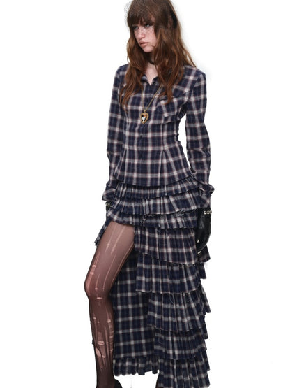 Irregular Deconstructed Multi-Layer Patchwork Plaid Slit Midi A-Line Long Cake Skirt【s0000017825】