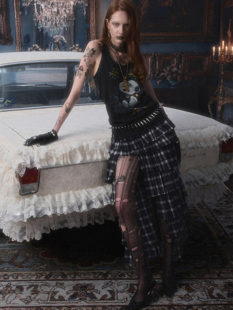 Irregular Deconstructed Multi-Layer Patchwork Plaid Slit Midi A-Line Long Cake Skirt【s0000017825】