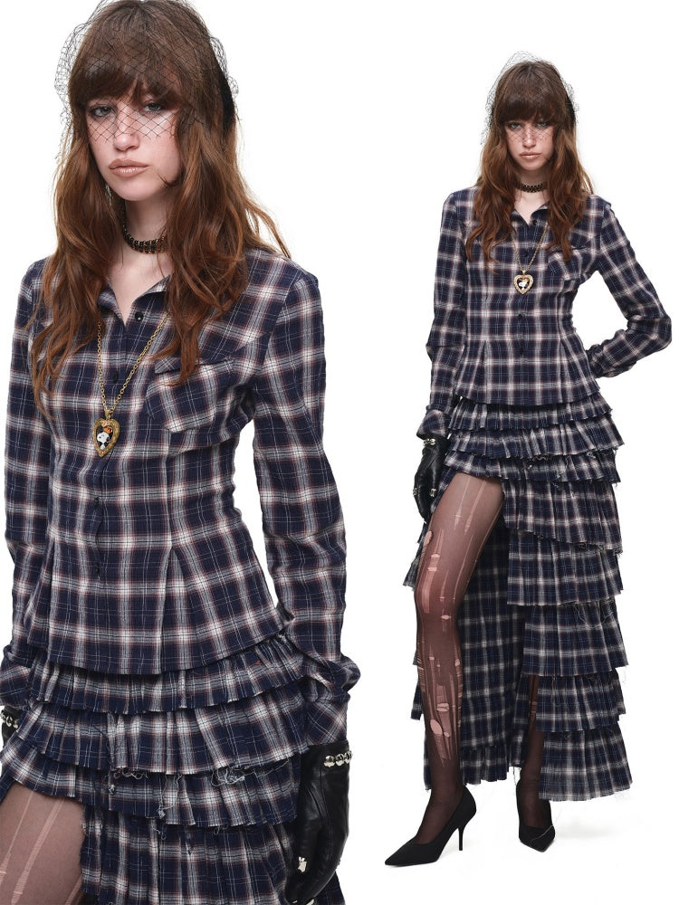 Irregular Deconstructed Multi-Layer Patchwork Plaid Slit Midi A-Line Long Cake Skirt【s0000017825】