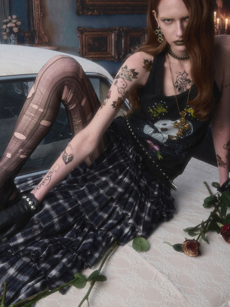 Irregular Deconstructed Multi-Layer Patchwork Plaid Slit Midi A-Line Long Cake Skirt【s0000017825】