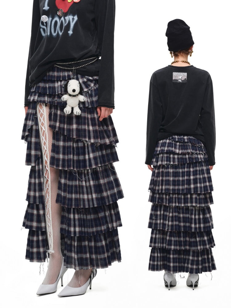 Irregular Deconstructed Multi-Layer Patchwork Plaid Slit Midi A-Line Long Cake Skirt【s0000017825】